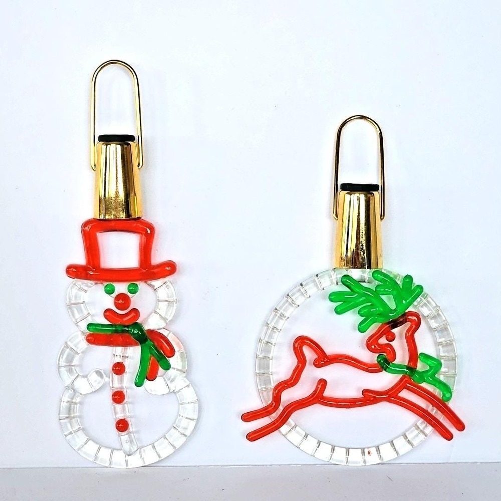 Vintage 1990 Avon Lightbulb Insert Ornament Reindeer & Snowman Gold Clips 1743